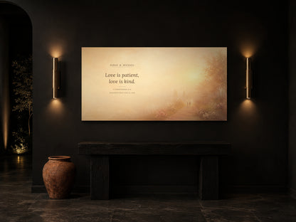 Personalized Love is Patient canvas in a black entryway between brass wall sconces