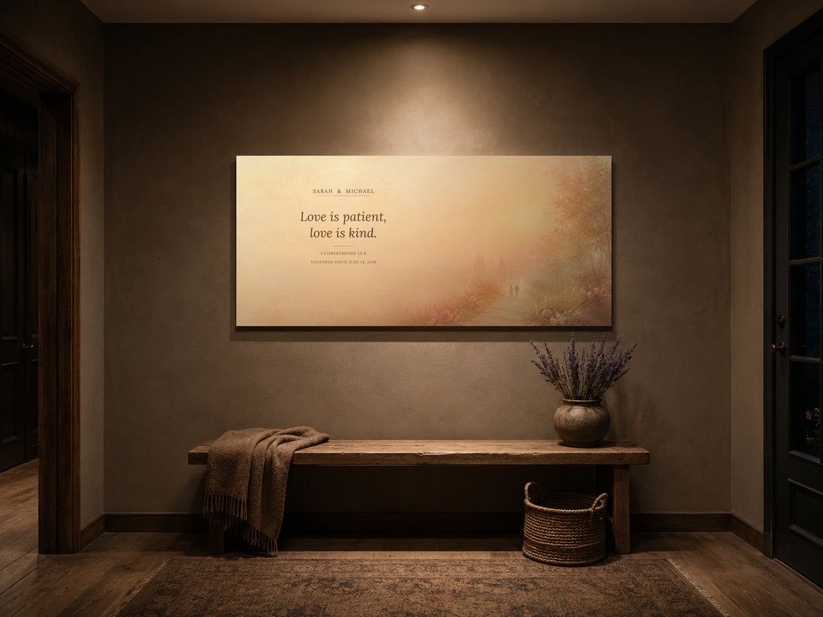 Personalized Love is Patient canvas above a taupe console bench in a dim hallway