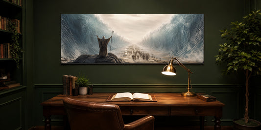 Moses Parting the Red Sea canvas hung in a deep forest-green study above a walnut desk with an open Bible