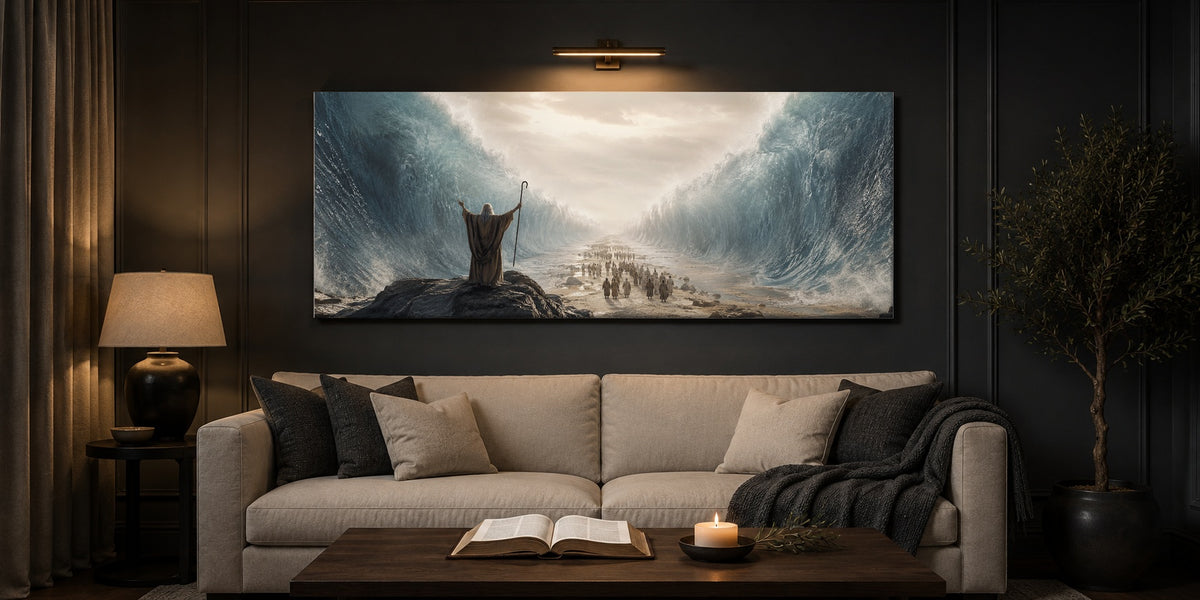 Moses Parting the Red Sea canvas above a cream linen sofa in a charcoal living room with brass picture light