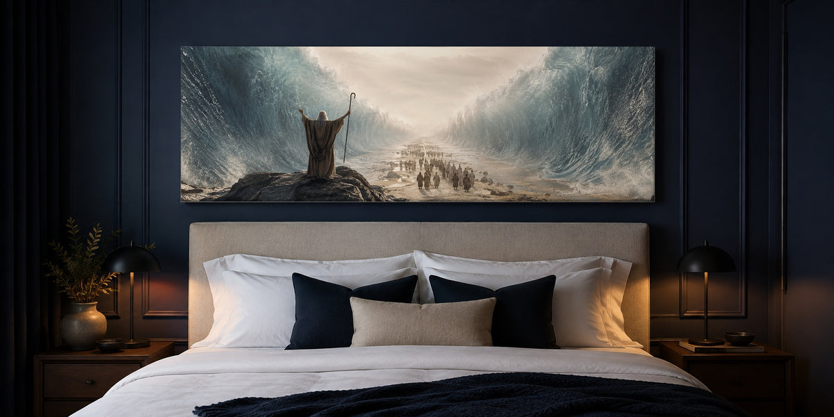 Moses Parting the Red Sea canvas above the bed in a deep navy bedroom