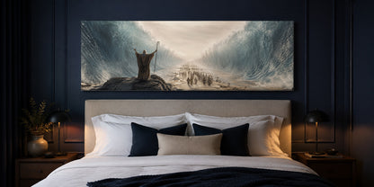 Moses Parting the Red Sea canvas above the bed in a deep navy bedroom