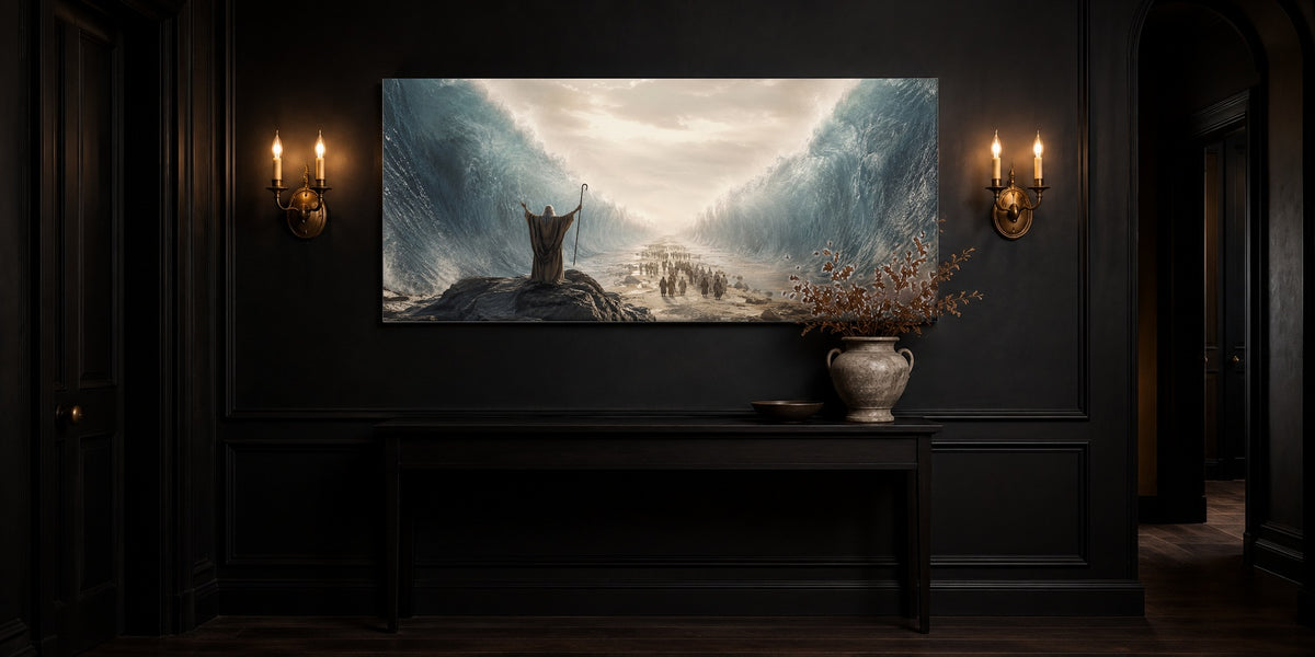 Moses Parting the Red Sea canvas in a black entryway hall between antique brass sconces