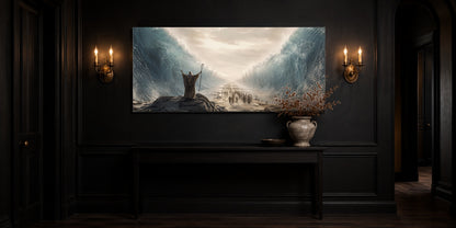 Moses Parting the Red Sea canvas in a black entryway hall between antique brass sconces