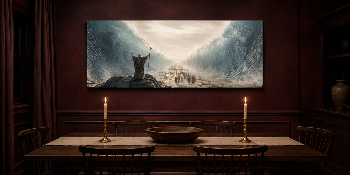 Moses Parting the Red Sea canvas in a dark oxblood dining room lit by ivory taper candles