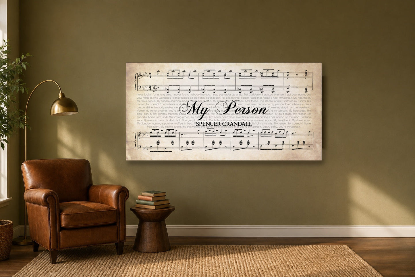 My Person by Spencer Crandall song lyrics panoramic canvas hanging in an olive green reading nook above a cognac leather club chair