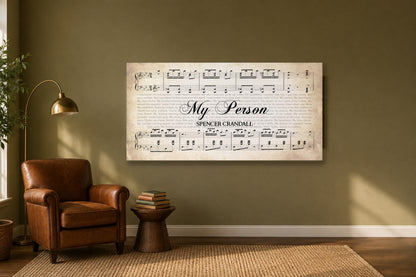 My Person by Spencer Crandall song lyrics panoramic canvas hanging in an olive green reading nook above a cognac leather club chair