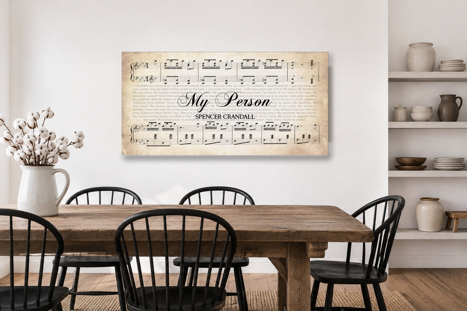 My Person song lyrics canvas displayed in a bright whitewashed farmhouse dining room above a reclaimed oak table
