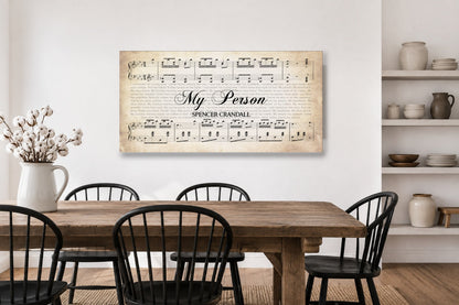 My Person song lyrics canvas displayed in a bright whitewashed farmhouse dining room above a reclaimed oak table