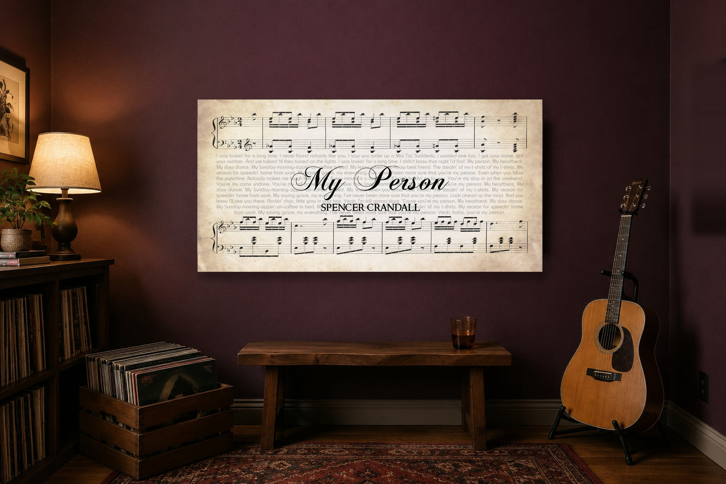 My Person Spencer Crandall lyric canvas on a deep plum wall in a music corner with an acoustic guitar and vinyl records