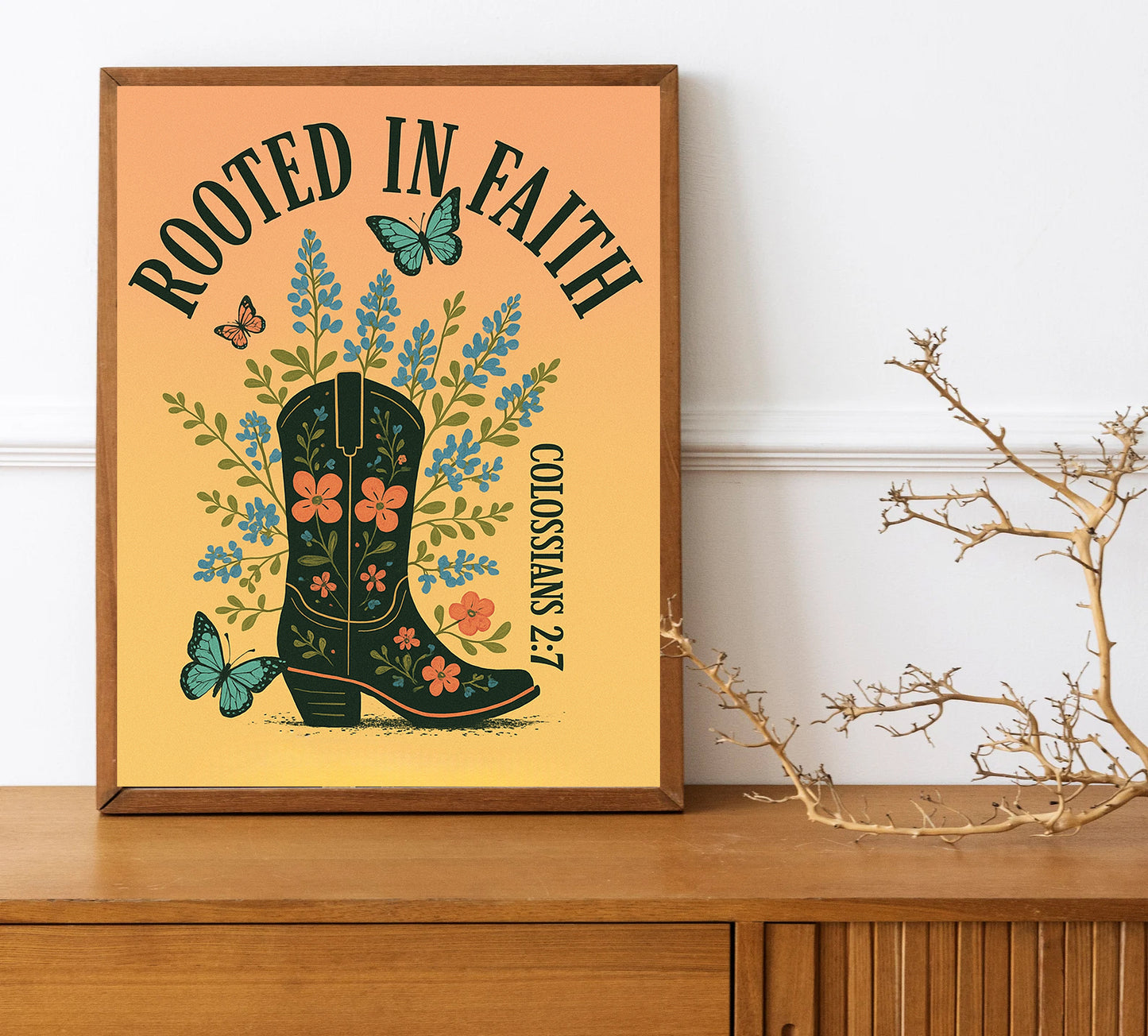 Western Christian Wall Art Rooted in Faith Print Colossians 2:7 Scripture Decor Floral Cowboy Boot Art Faith Based Gift