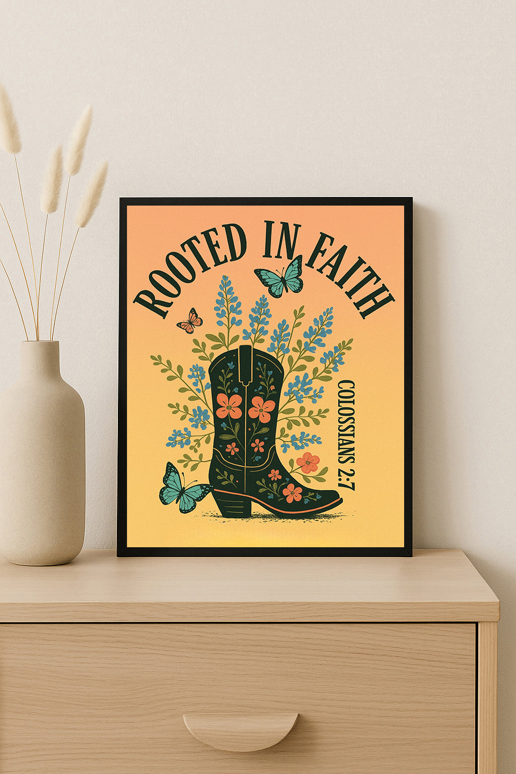 Western Christian Wall Art Rooted in Faith Print Colossians 2:7 Scripture Decor Floral Cowboy Boot Art Faith Based Gift