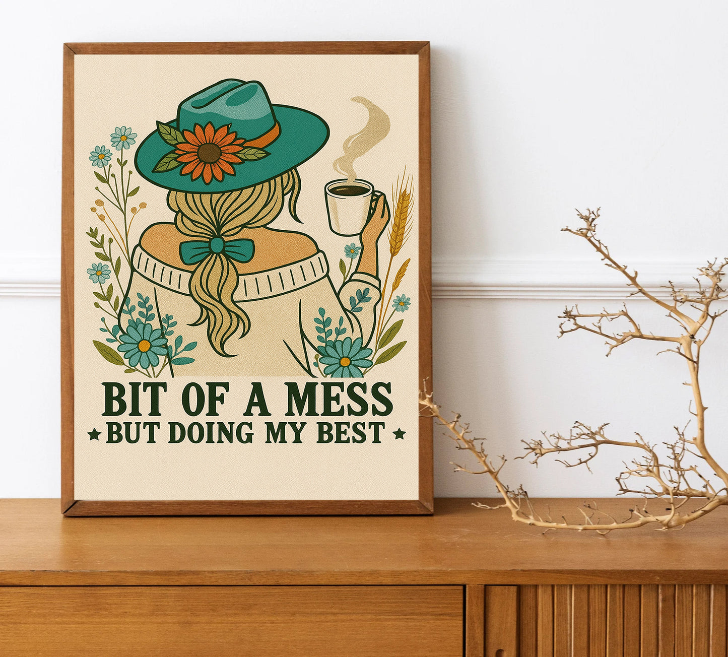 Boho Cowgirl Wall Art Bit of a Mess But Doing My Best Print Retro Western Flower Decor Encouraging Gift for Women