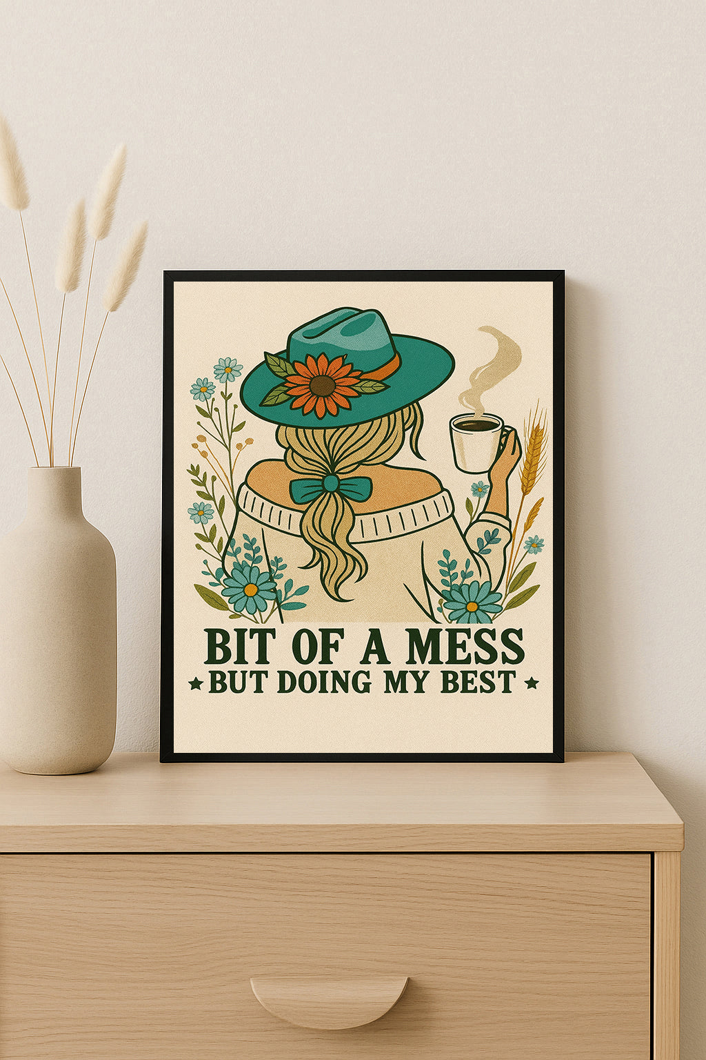 Boho Cowgirl Wall Art Bit of a Mess But Doing My Best Print Retro Western Flower Decor Encouraging Gift for Women
