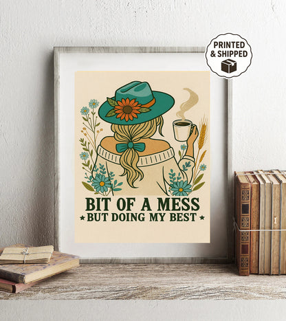 Boho Cowgirl Wall Art Bit of a Mess But Doing My Best Print Retro Western Flower Decor Encouraging Gift for Women