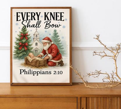 Every Knee Shall Bow Christmas Print Santa Kneeling to Jesus Art Philippians 2:10 Wall Decor Christian Holiday Home Decor