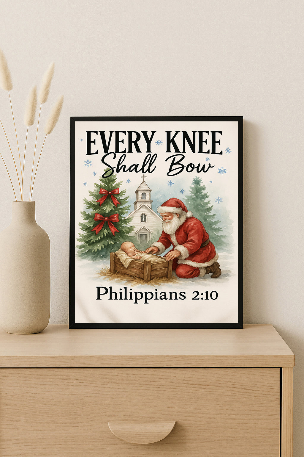 Every Knee Shall Bow Christmas Print Santa Kneeling to Jesus Art Philippians 2:10 Wall Decor Christian Holiday Home Decor