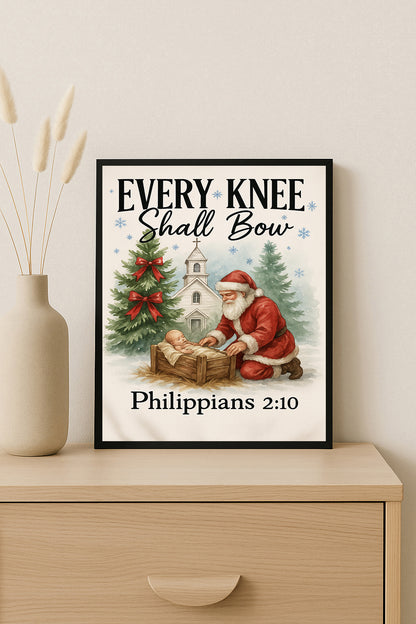 Every Knee Shall Bow Christmas Print Santa Kneeling to Jesus Art Philippians 2:10 Wall Decor Christian Holiday Home Decor