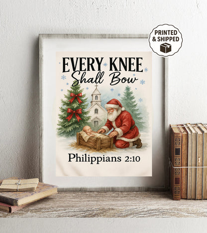 Every Knee Shall Bow Christmas Print Santa Kneeling to Jesus Art Philippians 2:10 Wall Decor Christian Holiday Home Decor