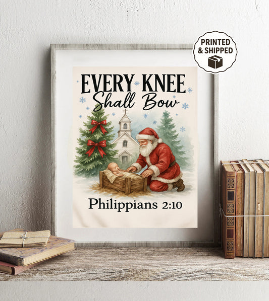 Every Knee Shall Bow Christmas Print Santa Kneeling to Jesus Art Philippians 2:10 Wall Decor Christian Holiday Home Decor