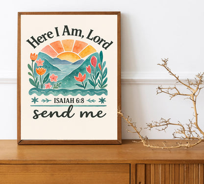 Christian Wall Art Here I Am Lord Print Isaiah 6:8 Scripture Decor Send Me Bible Verse Floral Artwork Faith Home Decor