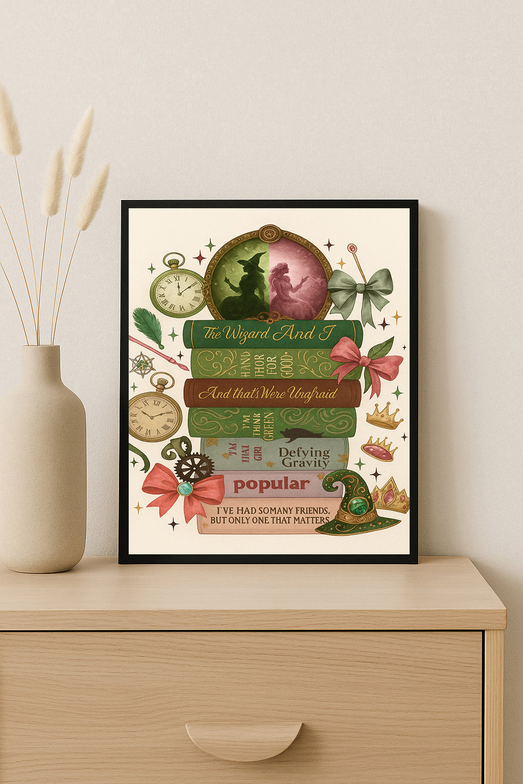 Wicked Musical Print Defying Gravity Wall Art Broadway Book Stack Decor Wizard & Glinda Art Theater Gift for Fans