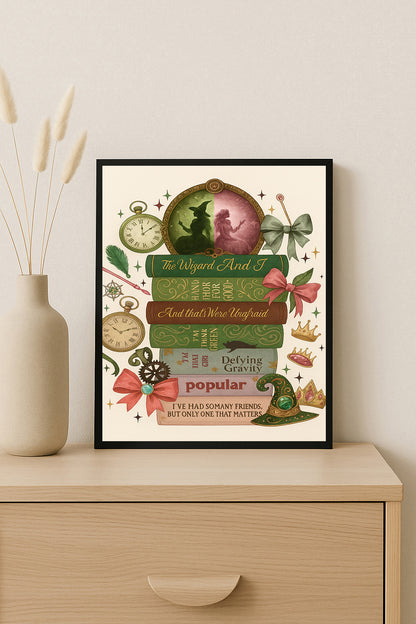 Wicked Musical Print Defying Gravity Wall Art Broadway Book Stack Decor Wizard & Glinda Art Theater Gift for Fans