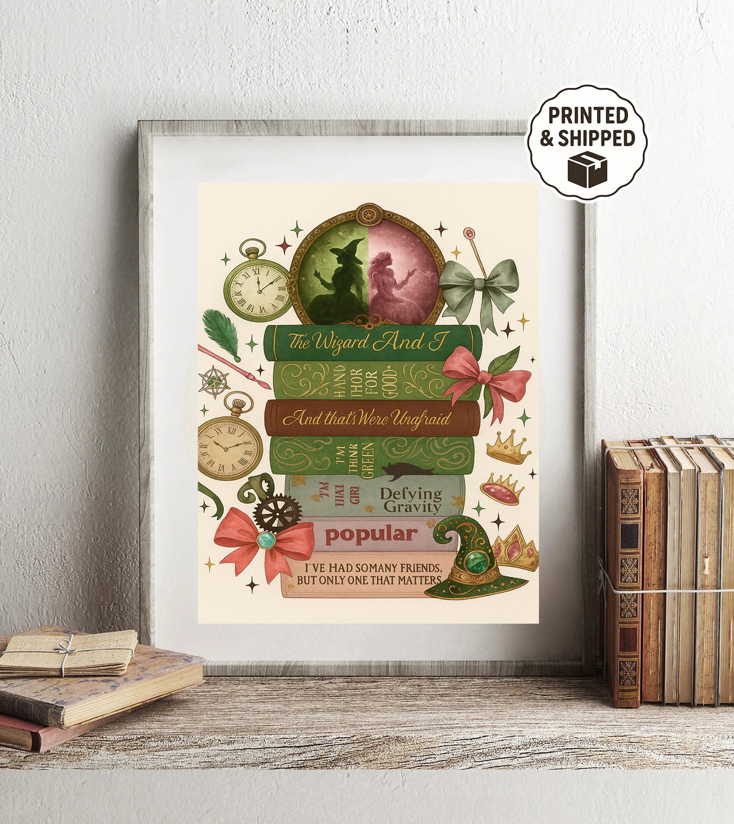 Wicked Musical Print Defying Gravity Wall Art Broadway Book Stack Decor Wizard & Glinda Art Theater Gift for Fans