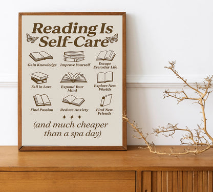 Reading Is Self-Care Print Bookish Wall Art Bibliophile Decor Mental Health Reading Poster Book Lover Gift