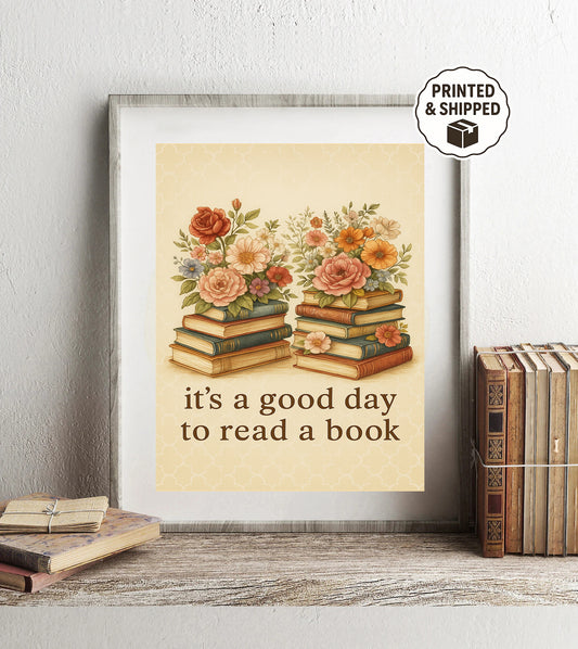 Vintage Book Lover Wall Art Floral Book Stack Print Reading Nook Decor Good Day to Read a Book Poster