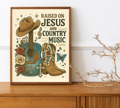Christian Country Music Wall Art Raised on Jesus Print Western Home Decor Guitar & Cowboy Boots Artwork