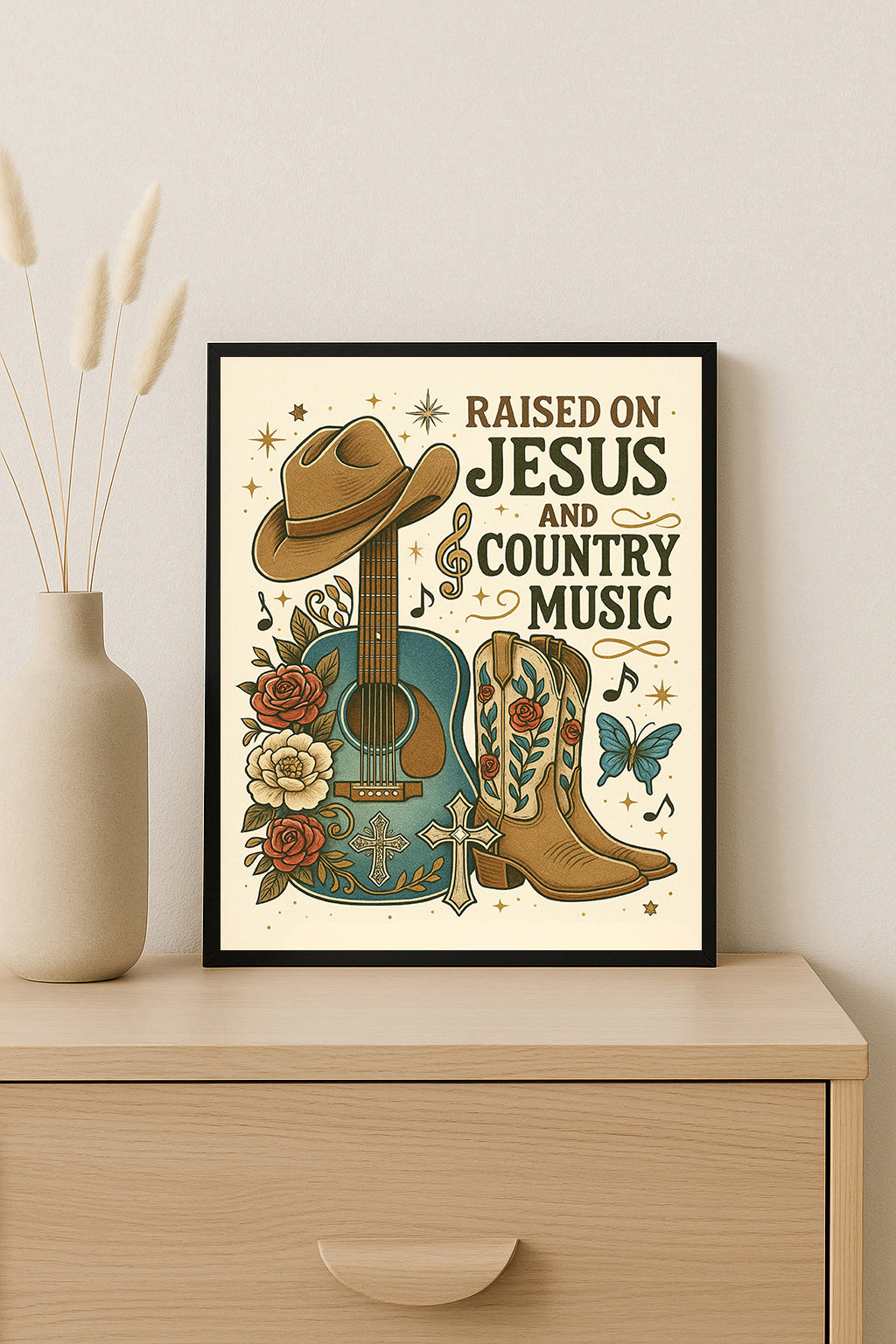 Christian Country Music Wall Art Raised on Jesus Print Western Home Decor Guitar & Cowboy Boots Artwork