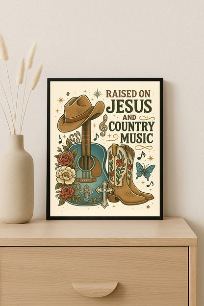 Christian Country Music Wall Art Raised on Jesus Print Western Home Decor Guitar & Cowboy Boots Artwork