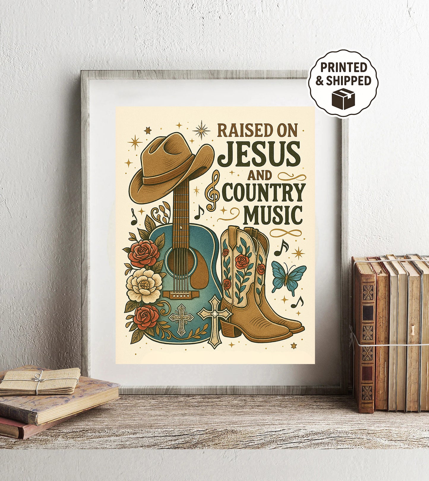 Christian Country Music Wall Art Raised on Jesus Print Western Home Decor Guitar & Cowboy Boots Artwork