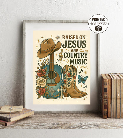 Christian Country Music Wall Art Raised on Jesus Print Western Home Decor Guitar & Cowboy Boots Artwork