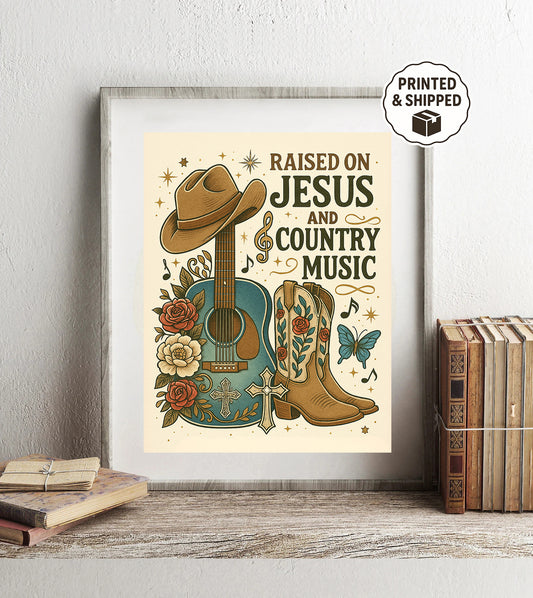 Christian Country Music Wall Art Raised on Jesus Print Western Home Decor Guitar & Cowboy Boots Artwork