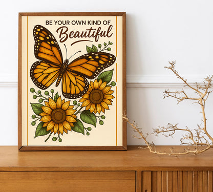 Butterfly Sunflower Wall Art, Be Your Own Kind of Beautiful Quote Print, Inspirational Boho Wall Decor, Positive Quote Gift