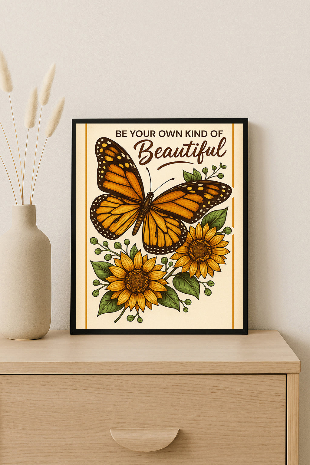 Butterfly Sunflower Wall Art, Be Your Own Kind of Beautiful Quote Print, Inspirational Boho Wall Decor, Positive Quote Gift