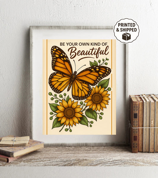 Butterfly Sunflower Wall Art, Be Your Own Kind of Beautiful Quote Print, Inspirational Boho Wall Decor, Positive Quote Gift