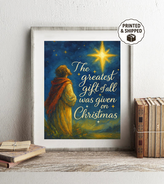 Christian Christmas Print Greatest Gift of All Was Given on Christmas Art Nativity Star Wall Decor Star of Bethlehem Print, Christian Holiday Scripture Decor