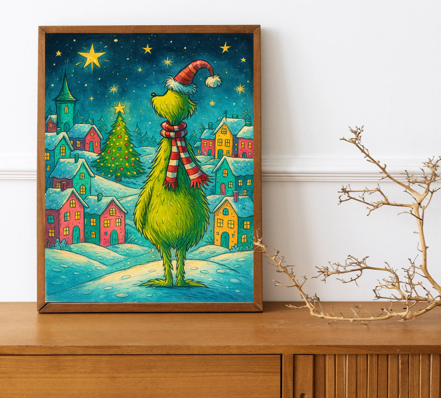 Grinch Inspired Christmas Print  Whoville Wall Art Holiday Decor for Living Room  Cute Winter Village Illustration