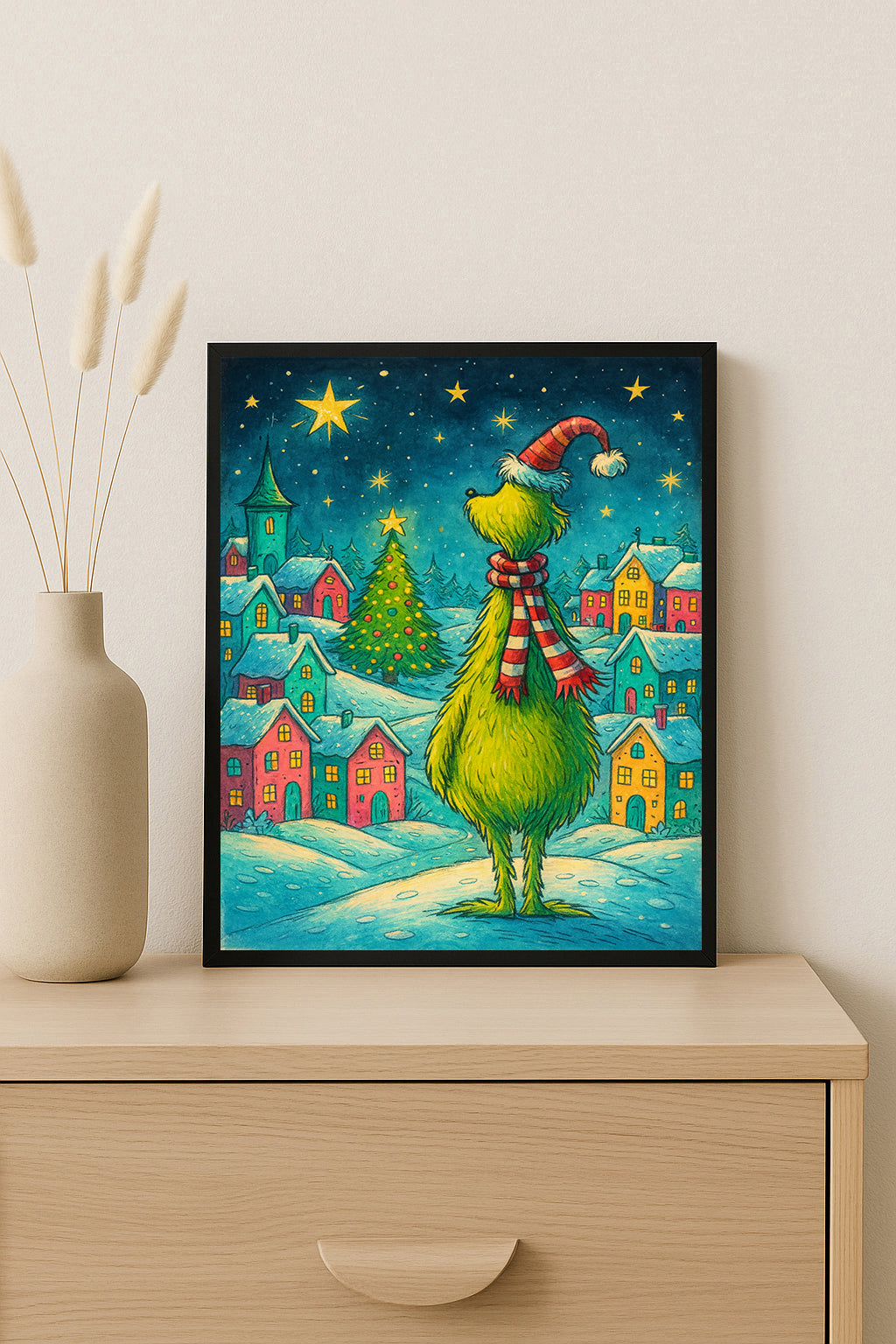 Grinch Inspired Christmas Print  Whoville Wall Art Holiday Decor for Living Room  Cute Winter Village Illustration