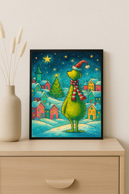 Grinch Inspired Christmas Print  Whoville Wall Art Holiday Decor for Living Room  Cute Winter Village Illustration