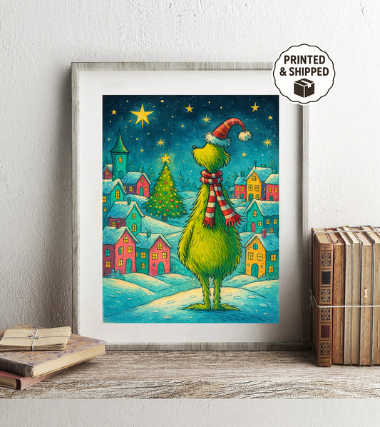Grinch Inspired Christmas Print  Whoville Wall Art Holiday Decor for Living Room  Cute Winter Village Illustration