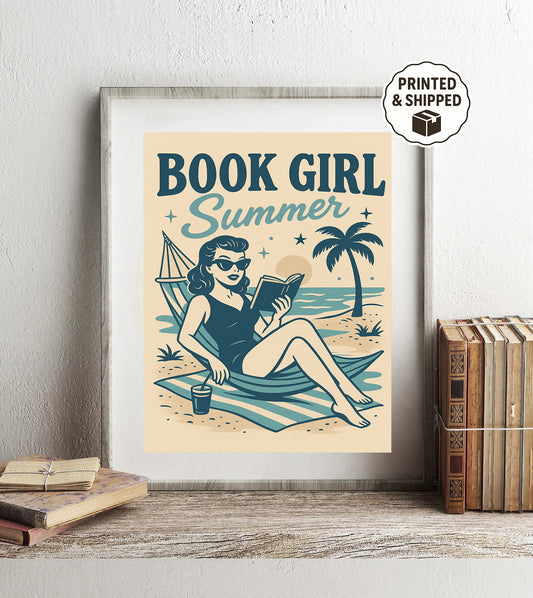 Book Girl Summer Print Retro Beach Reading Art Book Lover Wall Decor Summer Reader Poster Vintage Reading Aesthetic Gift for Women