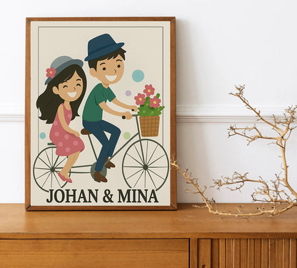 Personalized Couple Bicycle Print Custom Couple Portrait  Cute Couple Wall Art Gift for Anniversary or Wedding Custom Cartoon Couple on Bicycle