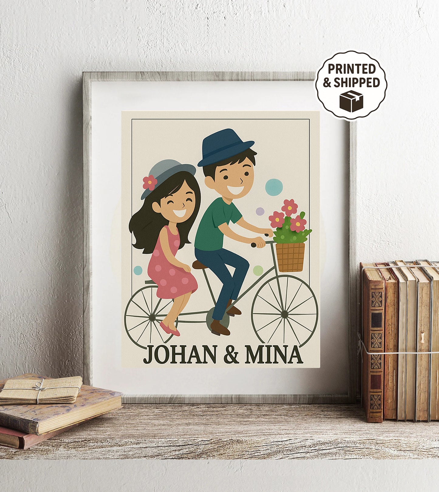 Personalized Couple Bicycle Print Custom Couple Portrait  Cute Couple Wall Art Gift for Anniversary or Wedding Custom Cartoon Couple on Bicycle