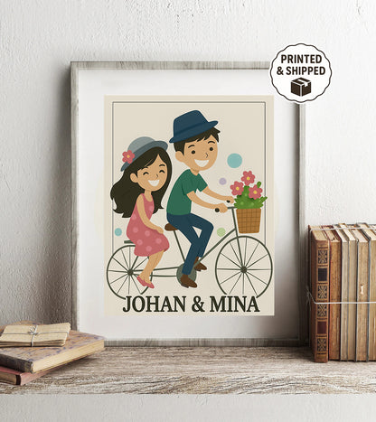 Personalized Couple Bicycle Print Custom Couple Portrait  Cute Couple Wall Art Gift for Anniversary or Wedding Custom Cartoon Couple on Bicycle