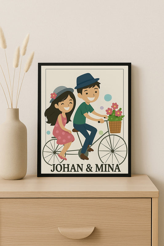 Personalized Couple Bicycle Print Custom Couple Portrait  Cute Couple Wall Art Gift for Anniversary or Wedding Custom Cartoon Couple on Bicycle