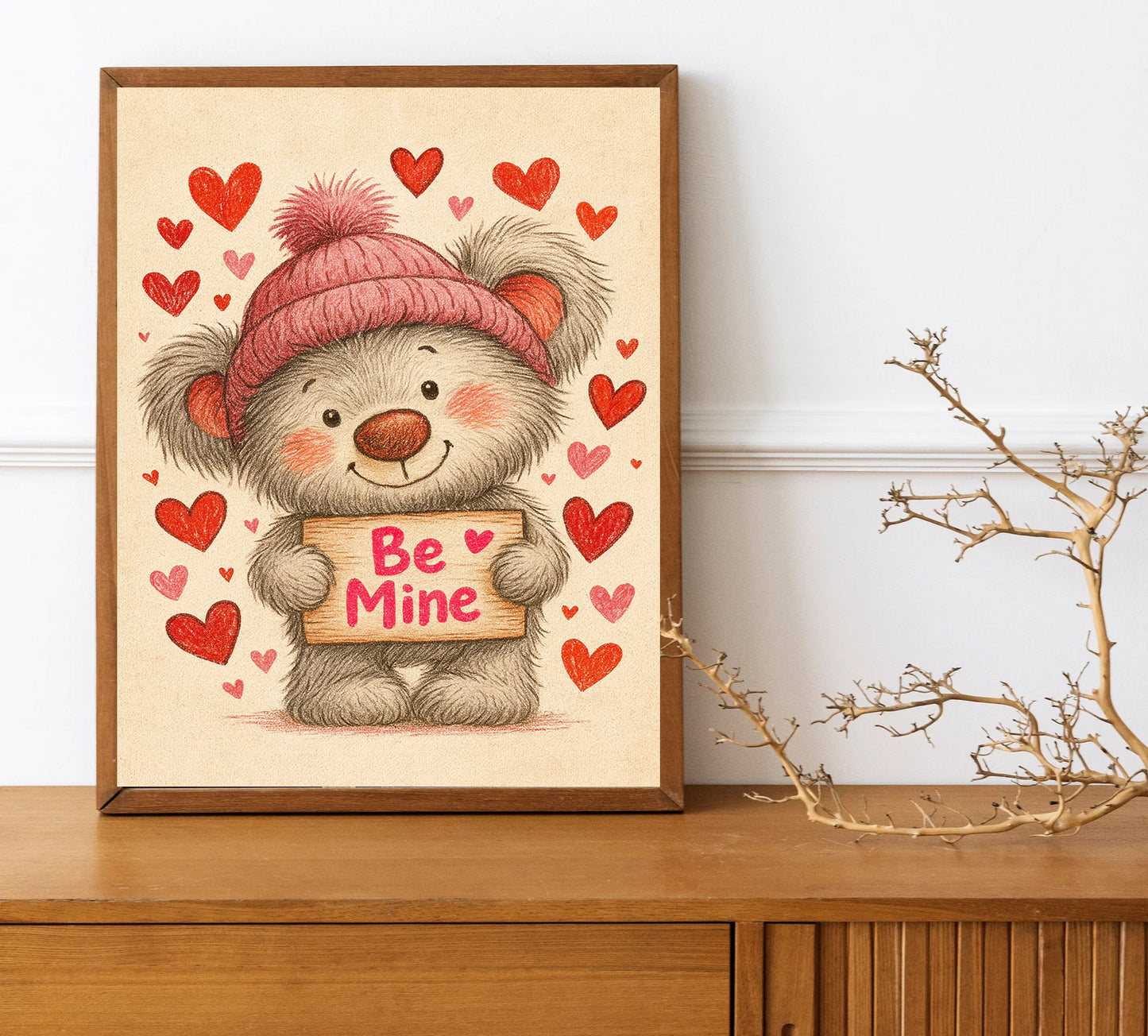 Be Mine Bear Print Cute Valentine’s Day Wall Art Nursery Decor Kawaii Teddy Bear Illustration Kids Room Artwork Love Sign Gift for Her